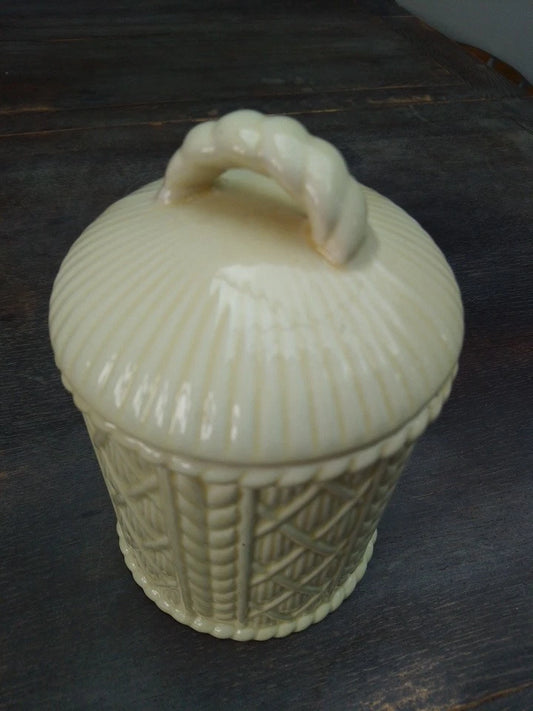 Howard Pottery cream corndolly jar with textured lid and braided handle for kitchen storage