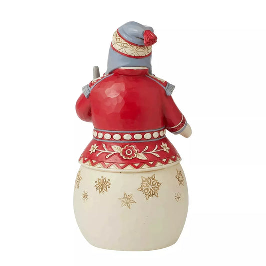 Jim Shore Nordic Noel Snowman Christmas figurine in red and white with intricate snowflake details