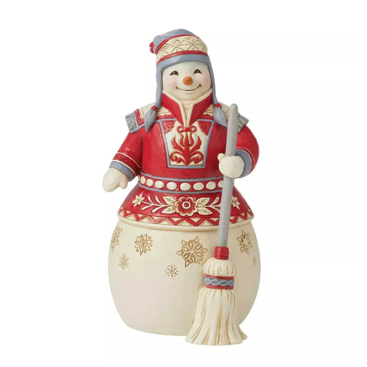 Jim Shore Nordic Noel Snowman figurine in red and cream with decorative patterns and broomstick
