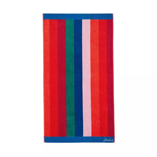 Joules rainbow stripe bath towel in vibrant multi-colour with blue edges and Joules logo