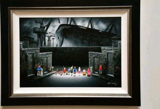 Leigh Lambert limited edition print of a shipyard scene with miniature people and large ship backdrop