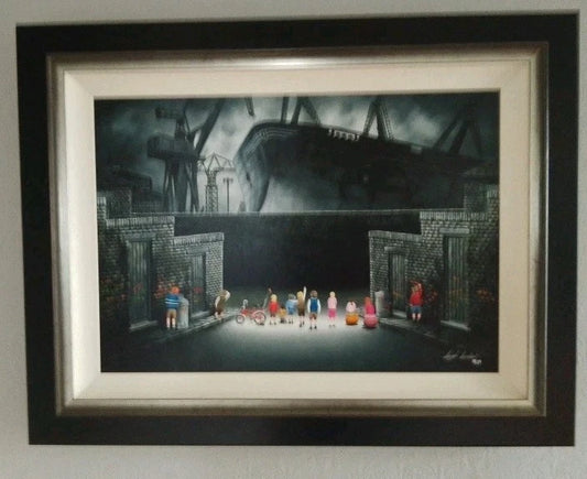 Leigh Lambert limited edition print showing children looking at a large ship in an industrial dockyard