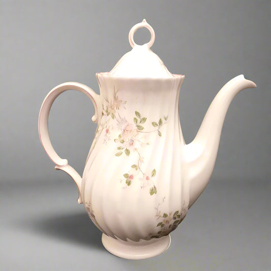 Marks Spencer Melrose coffee pot with delicate floral design and curved spout in white porcelain