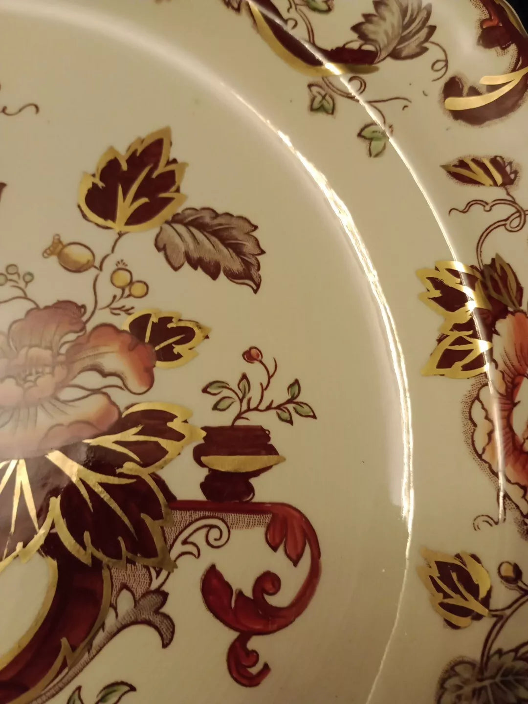 Masons Brown Velvet charger plate with intricate floral and gold leaf design detail