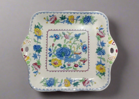 Masons Regency sandwich plate with floral pattern in blue, yellow, and pink on white ceramic background