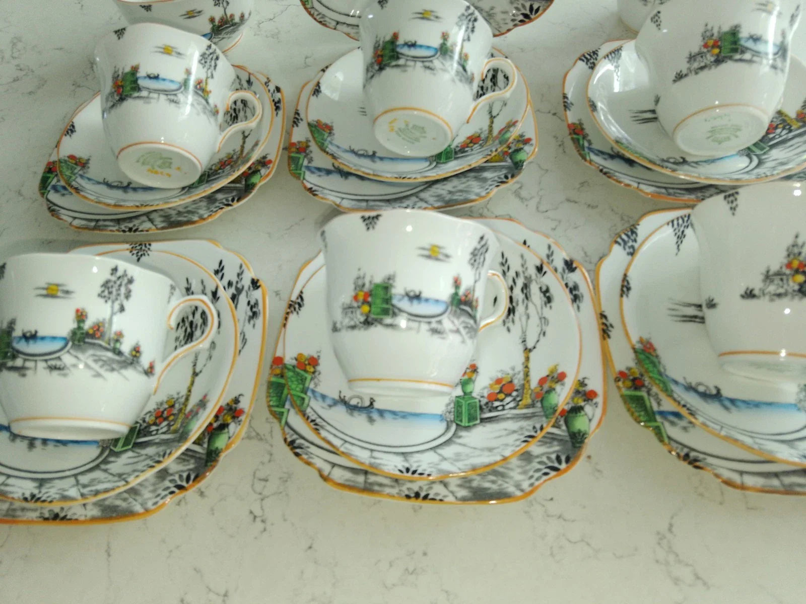 Mayer & Sherratt 1930s Melba Bone China Art Deco 21 Piece Tea Set Rare Pattern 4394 - Helsby Vintage
