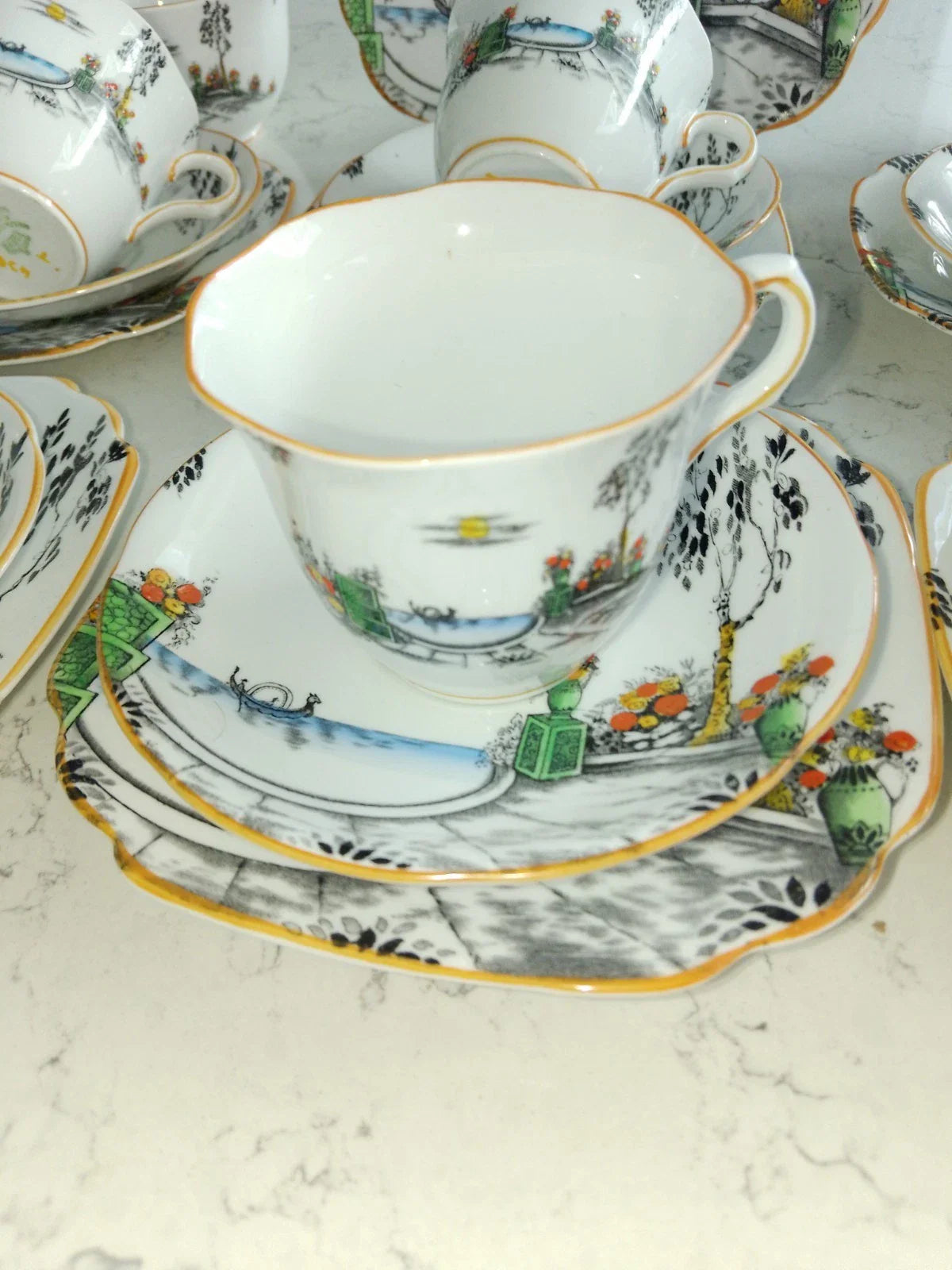 Mayer & Sherratt 1930s Melba Bone China Art Deco 21 Piece Tea Set Rare Pattern 4394 - Helsby Vintage