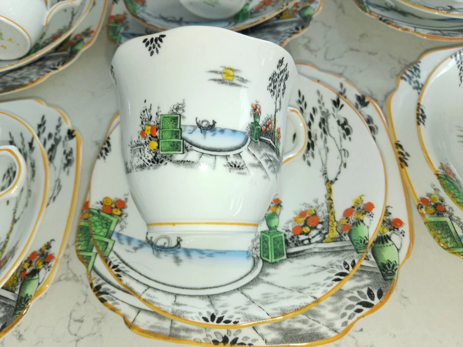 Mayer & Sherratt 1930s Melba Bone China Art Deco 21 Piece Tea Set Rare Pattern 4394 - Helsby Vintage