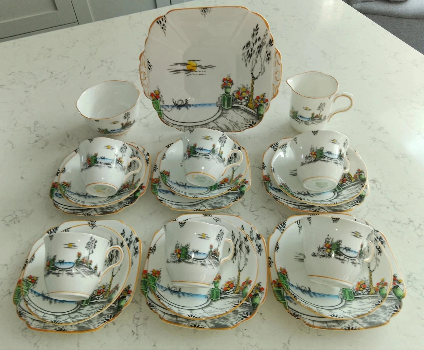 Mayer & Sherratt 1930s Melba Bone China Art Deco 21 Piece Tea Set Rare Pattern 4394 - Helsby Vintage