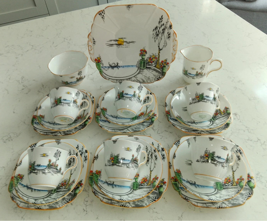 Mayer & Sherratt 1930s Melba Bone China Art Deco 21 Piece Tea Set Rare Pattern 4394 - Helsby Vintage