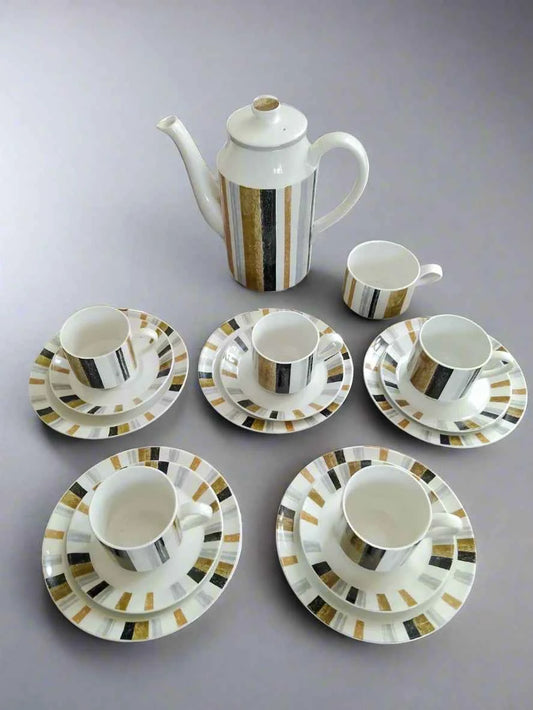 Midwinter Queensbury Coffee Set Stripe 17 Pieces Black Brown Stripe - Helsby Vintage
