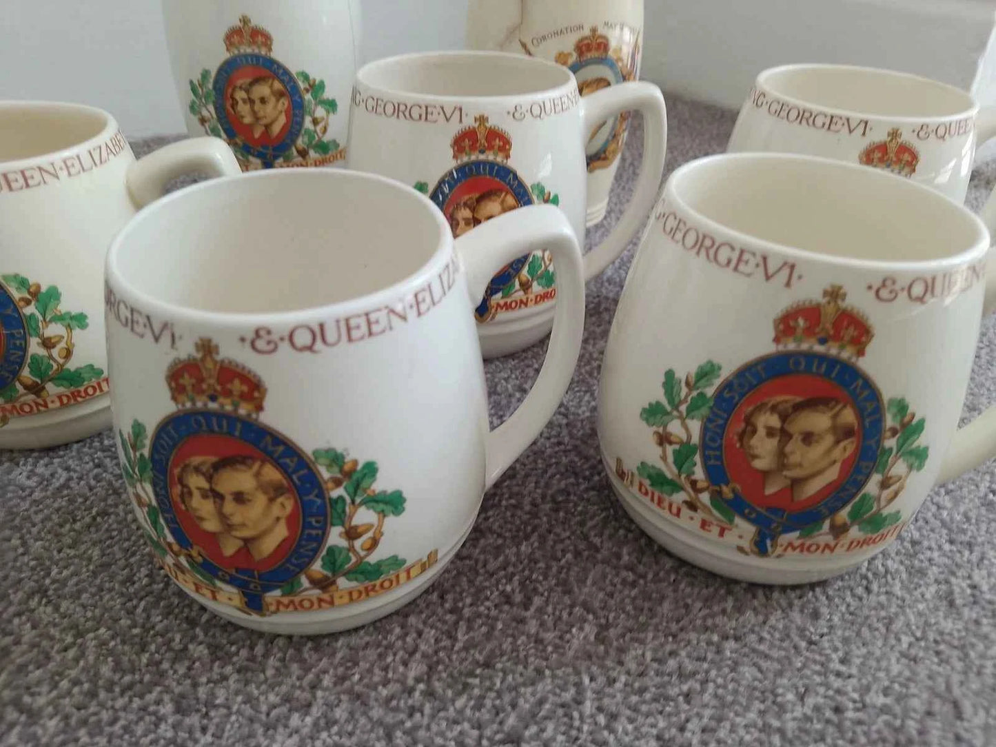 King George VI And Queen Elizabeth Coronation 1937 2 Beakers And 5 Mugs Cups - Helsby Vintage