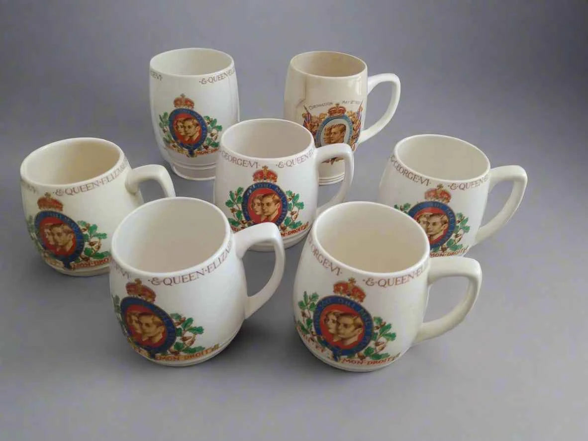 King George VI And Queen Elizabeth Coronation 1937 2 Beakers And 5 Mugs Cups - Helsby Vintage