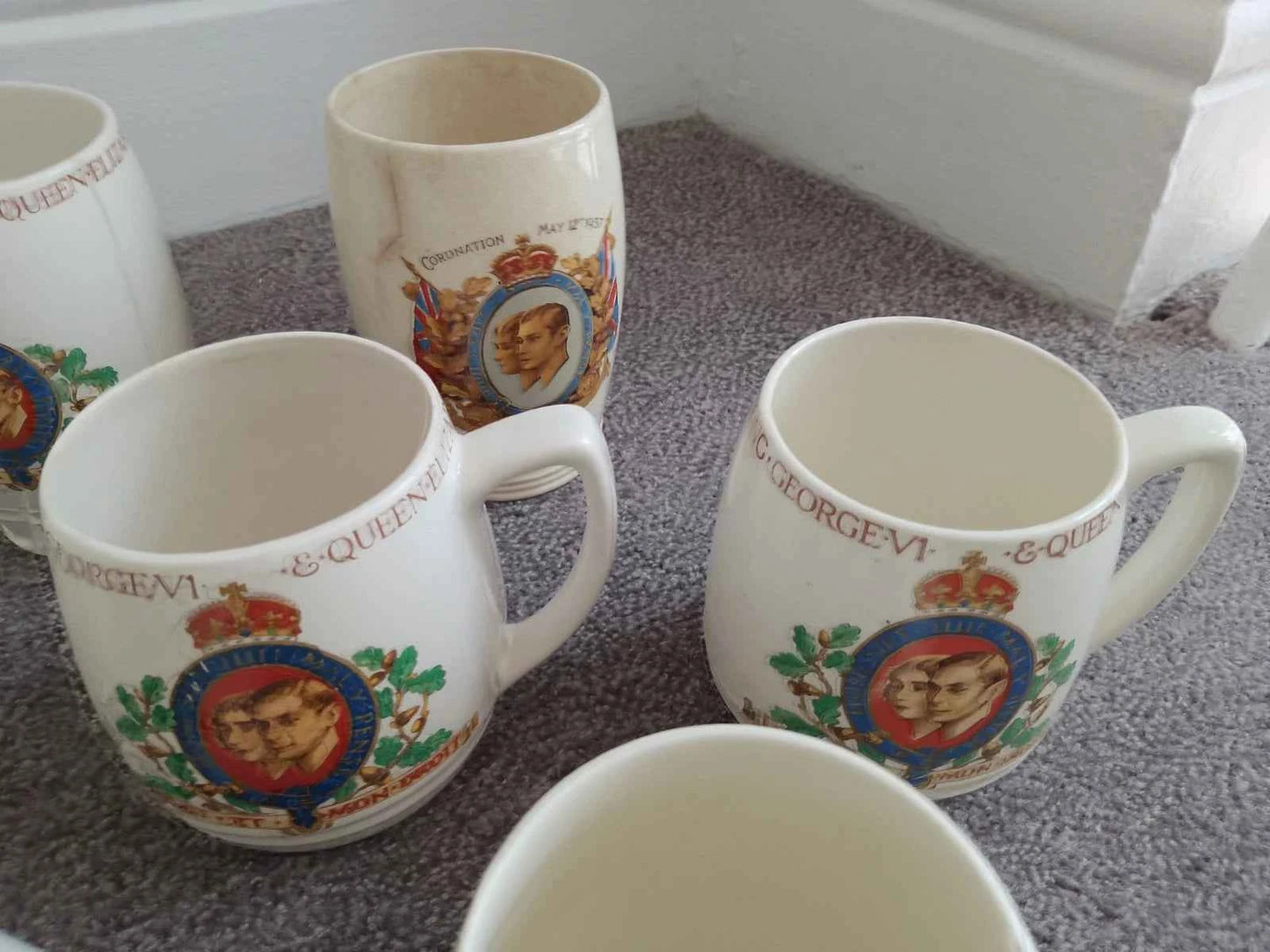 King George VI And Queen Elizabeth Coronation 1937 2 Beakers And 5 Mugs Cups - Helsby Vintage