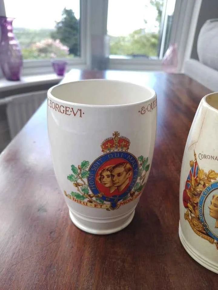 King George VI And Queen Elizabeth Coronation 1937 2 Beakers And 5 Mugs Cups - Helsby Vintage