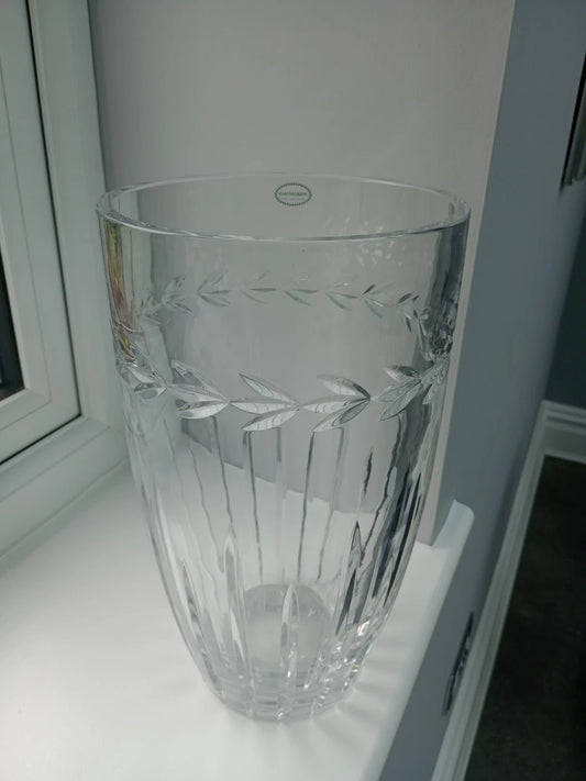 Rare Portmeirion glass vase with etched leaf design and clear crystal finish for elegant decor