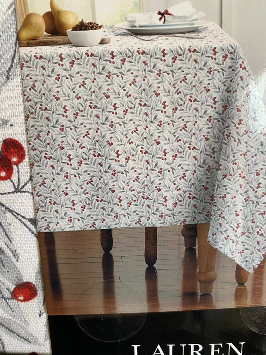 Ralph Lauren Christmas tablecloth with festive red berries and green leaves on white fabric