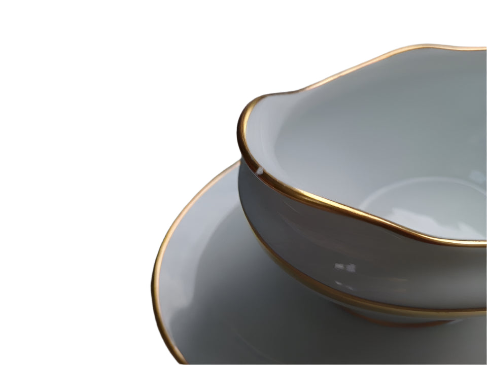 Richard Ginori White Gold Detail Gravy Sauce Boat with Fixed Underplate G82 Rare - Helsby Vintage