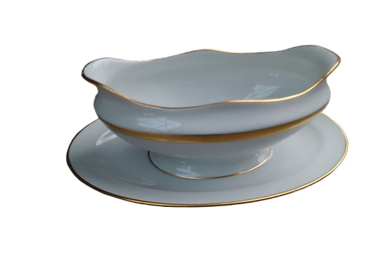 Richard Ginori White Gold Detail Gravy Sauce Boat with Fixed Underplate G82 Rare - Helsby Vintage