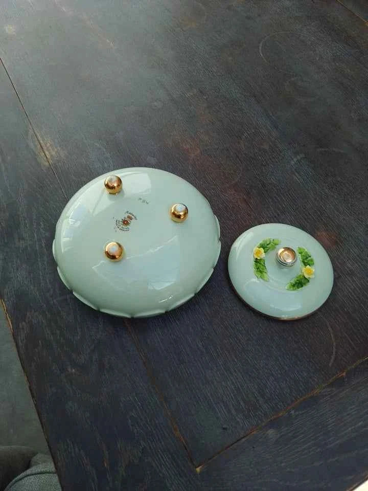 Royal Adderley Lidded Trinket Pot in Mint Green with Gold Trim - Helsby Vintage