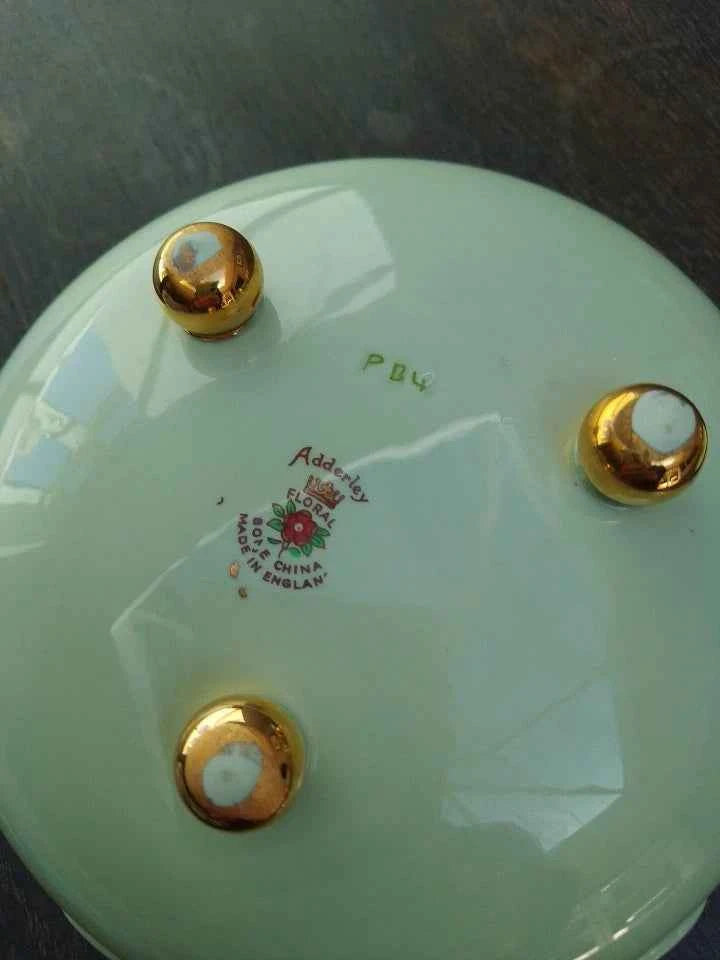 Royal Adderley Lidded Trinket Pot in Mint Green with Gold Trim - Helsby Vintage