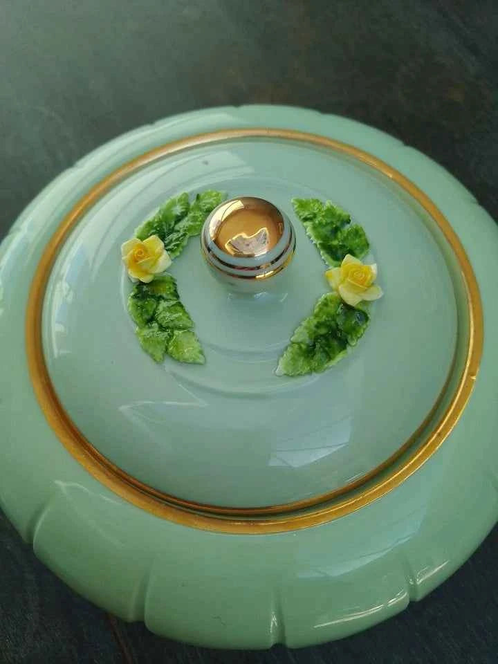 Royal Adderley Lidded Trinket Pot in Mint Green with Gold Trim - Helsby Vintage