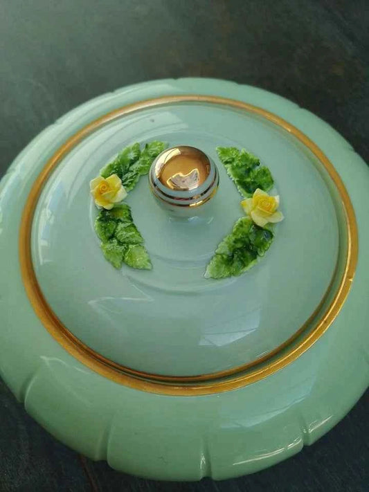 Royal Adderley Lidded Trinket Pot in Mint Green with Gold Trim - Helsby Vintage