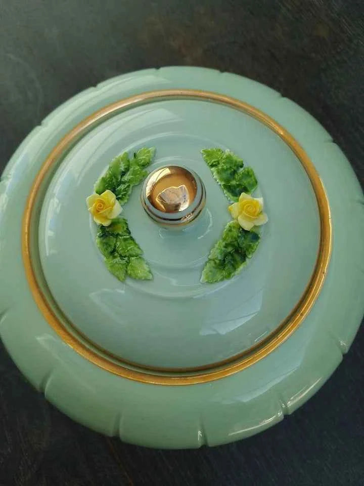 Royal Adderley Lidded Trinket Pot in Mint Green with Gold Trim - Helsby Vintage