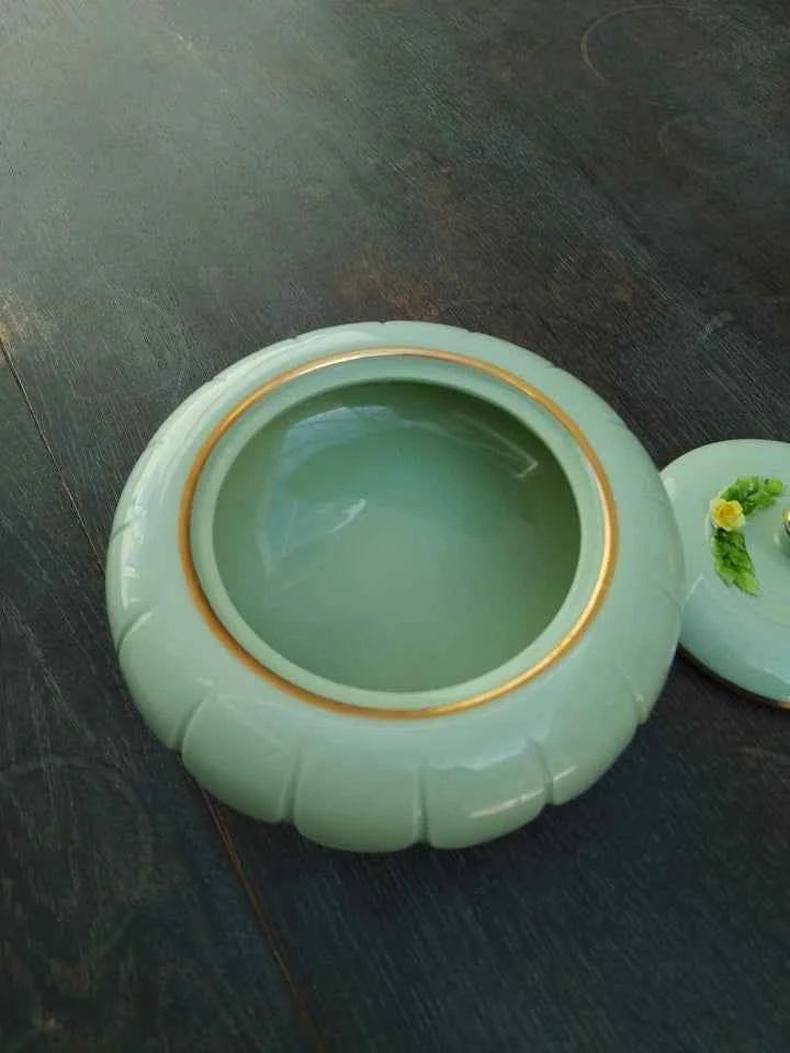 Royal Adderley Lidded Trinket Pot in Mint Green with Gold Trim - Helsby Vintage