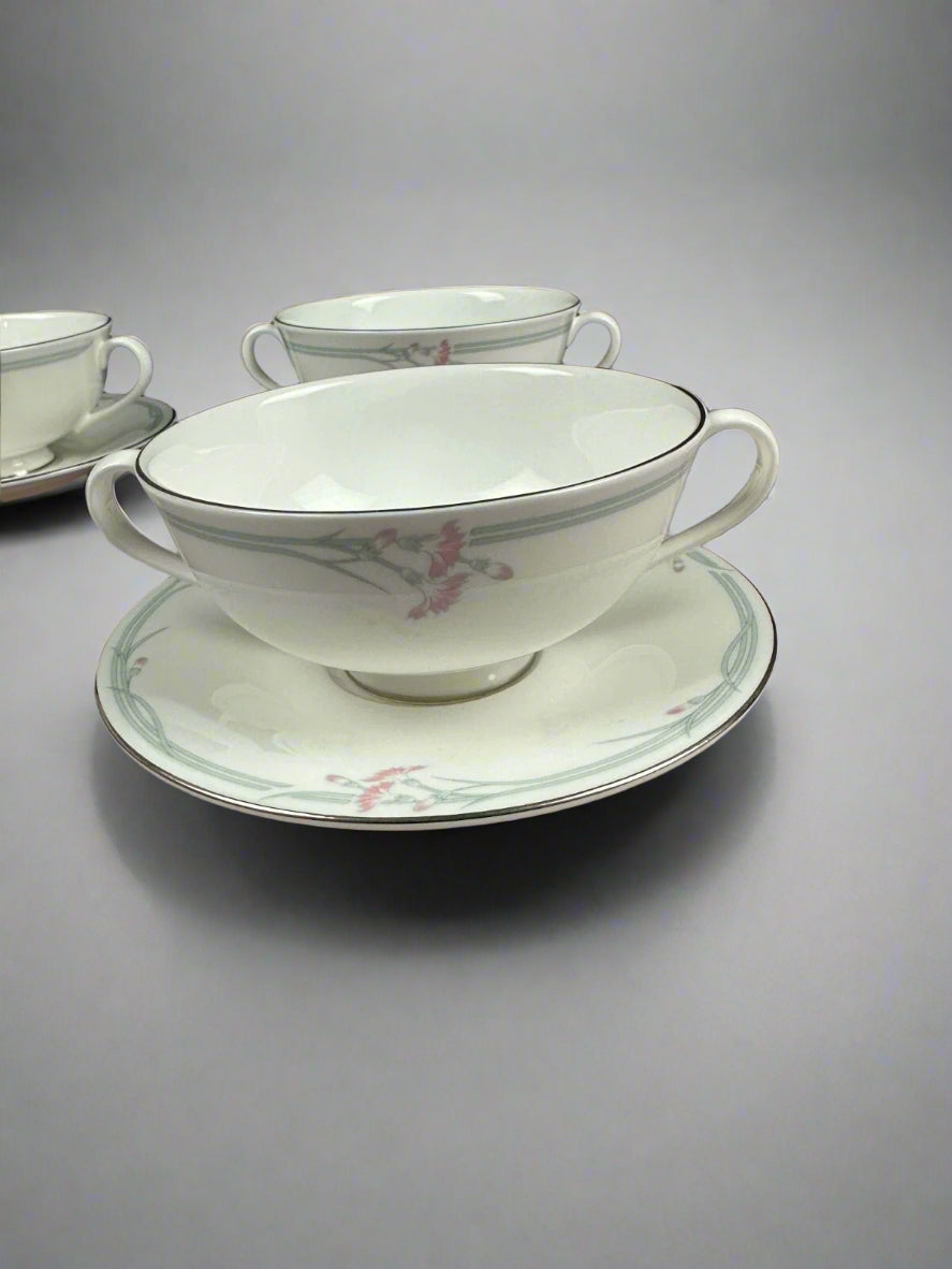 Royal Doulton Carnation H5084 Handled Soup Coupes Cups Saucers x 4 - Helsby Vintage