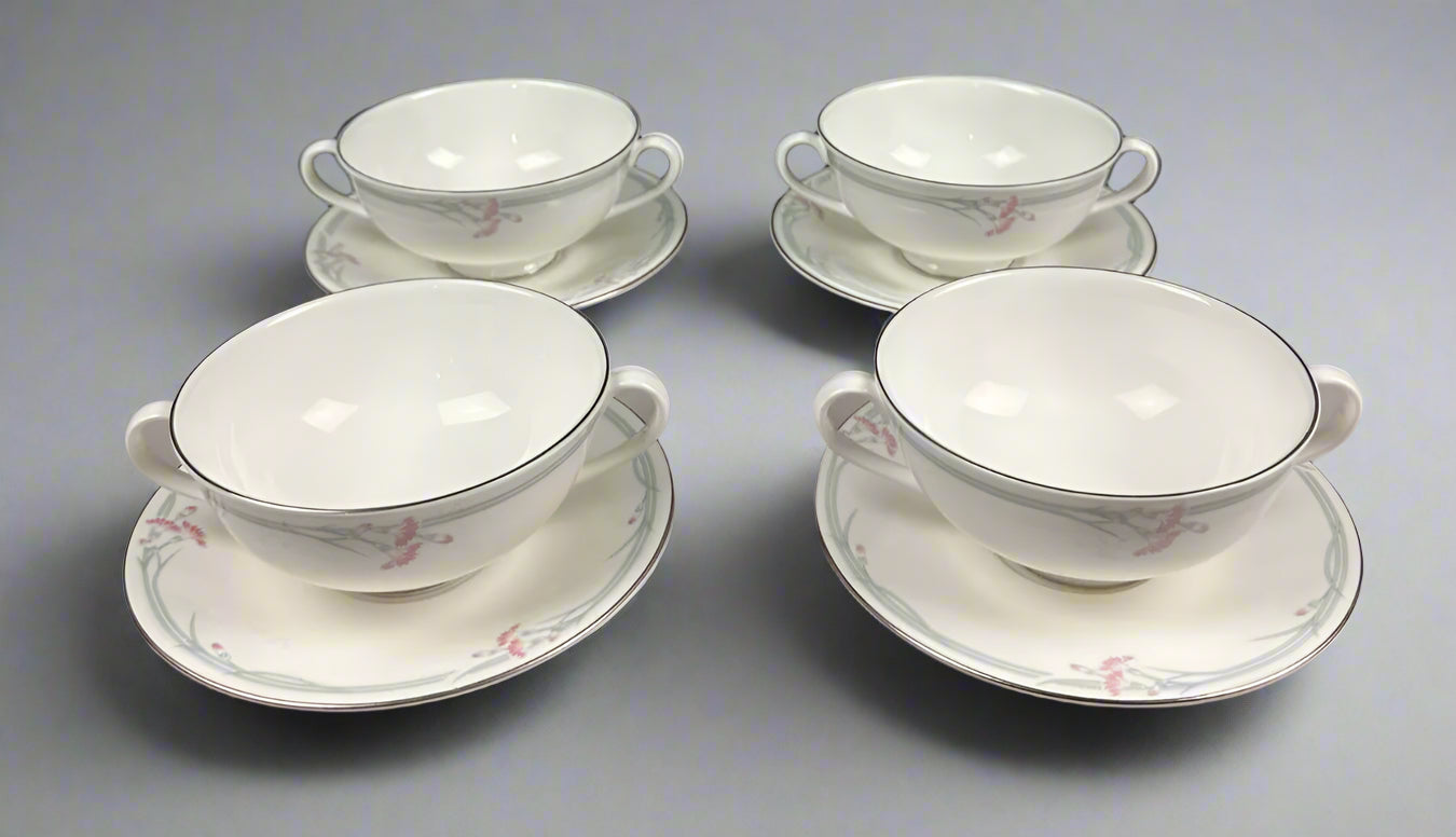 Royal Doulton Carnation H5084 Handled Soup Coupes Cups Saucers x 4 - Helsby Vintage