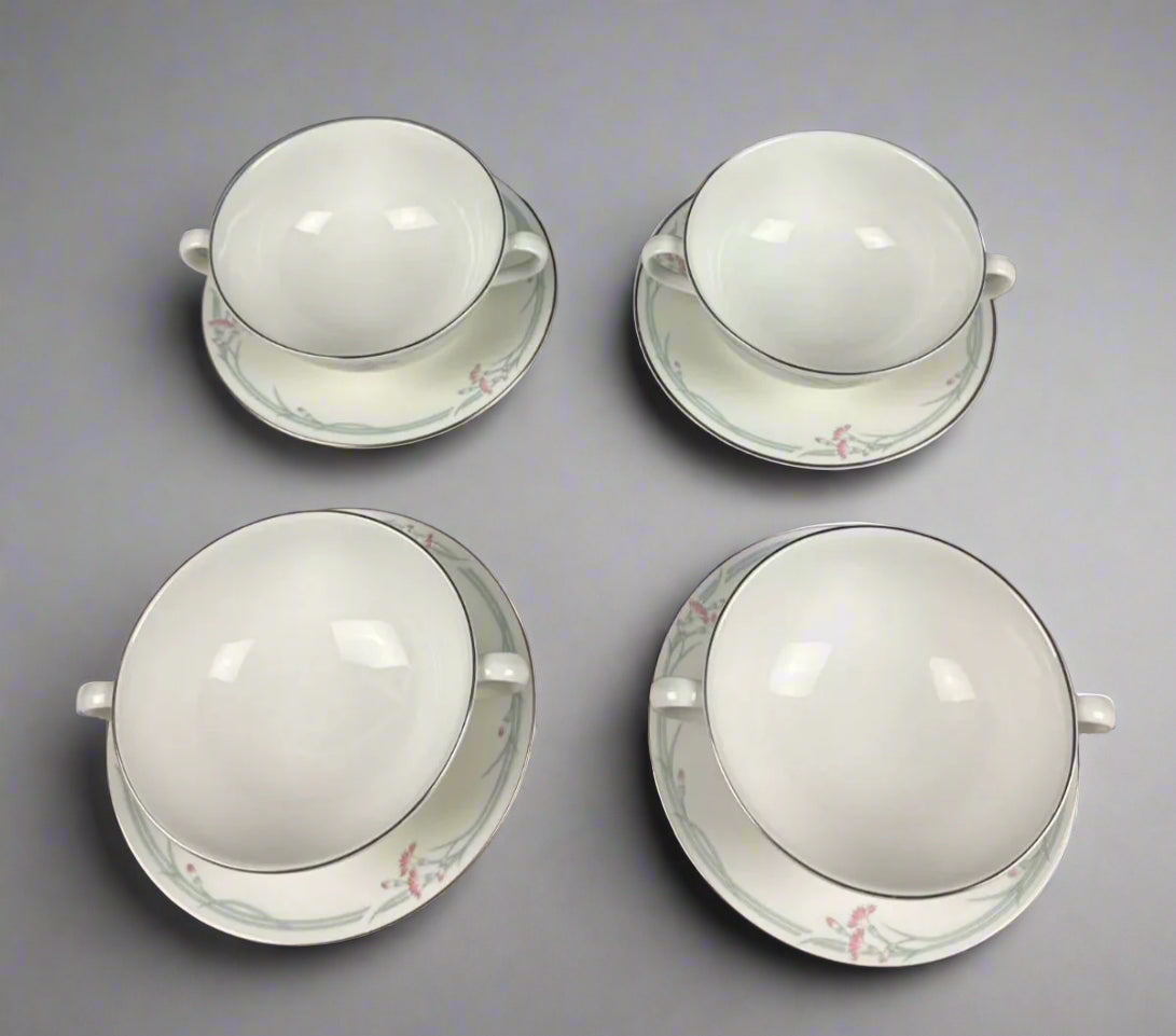 Royal Doulton Carnation H5084 Handled Soup Coupes Cups Saucers x 4 - Helsby Vintage