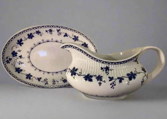 Royal Doulton Yorktown Vintage Blue Floral Gravy Boat and Stand Set - Helsby Vintage
