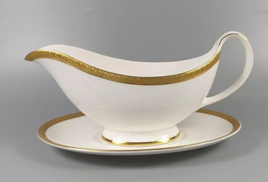 Royal Doulton Royal Gold Gravy Boat Or Sauce Dish And Stand - Helsby Vintage