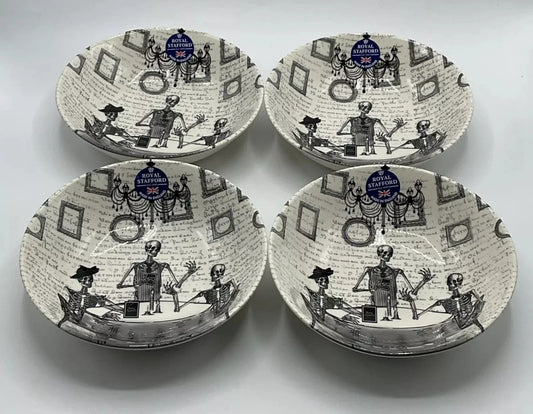 NEW Royal Stafford Halloween Set Of 4 Skeleton Design Cereal Bowls 20cm - Helsby Vintage