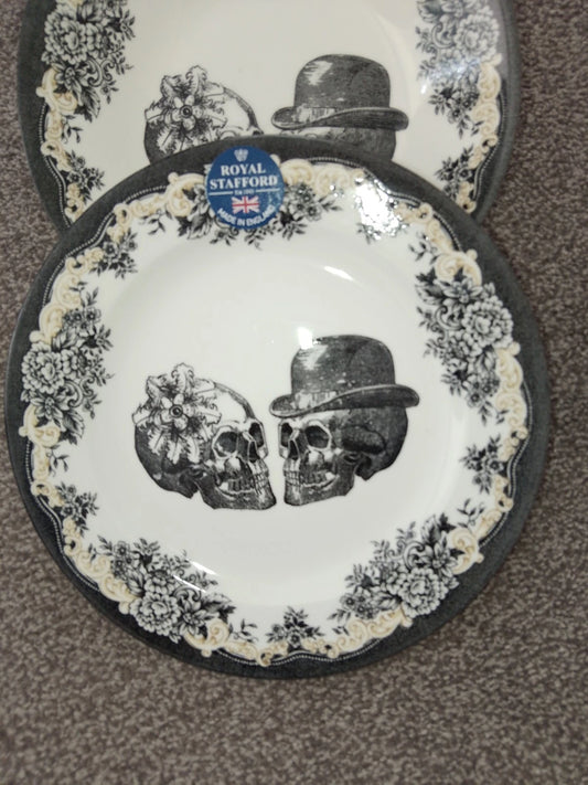 Royal Stafford Skull Halloween Party Set For 2 Includes Plates & Bowls Rare Set - Helsby Vintage