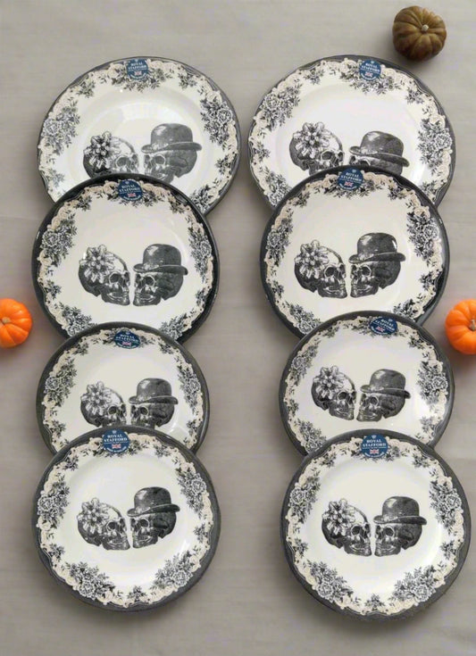 Royal Stafford Skull Halloween Party Set For 2 Includes Plates & Bowls Rare Set - Helsby Vintage