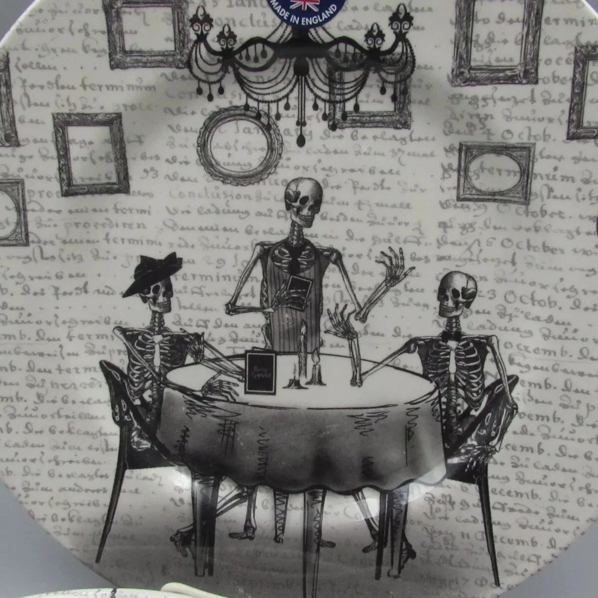 Set Of 6 Royal Stafford Halloween Skeleton Dinner Plates 10.5" RARE New Design - Helsby Vintage