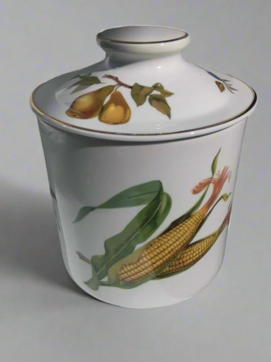 Royal Worcester Evesham biscuit jar decorated with hand-painted corn and pear design and fitted lid