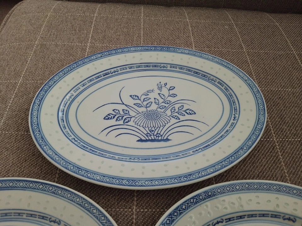 Chinese Jingdezhen Porcelain Blue Chrysanthemum Rice Oval Platters 12" and 2 x 10"