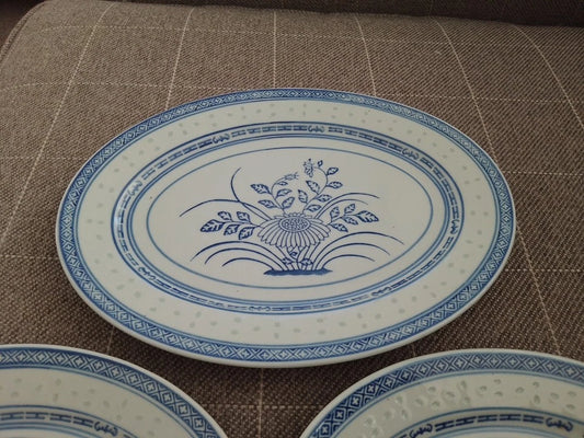 Chinese Jingdezhen Porcelain Blue Chrysanthemum Rice Oval Platters 12" and 2 x 10"