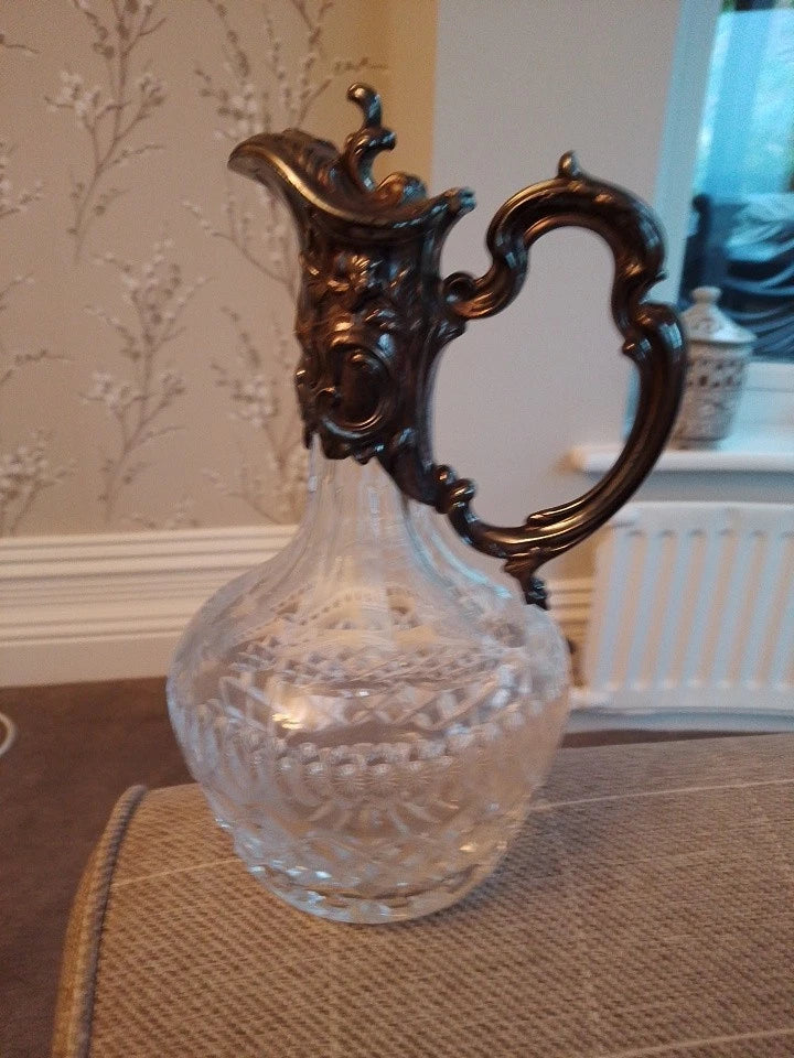 Antique Art Nouveau Crystal Silver-Plated Claret Jug Decanter Topazio