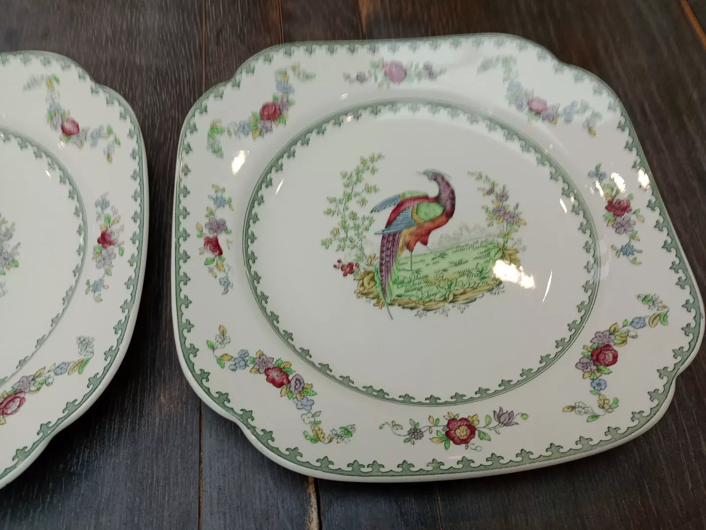 Copeland Spode Vienna BIRD Pair of Square Dessert Cake Plates RARE