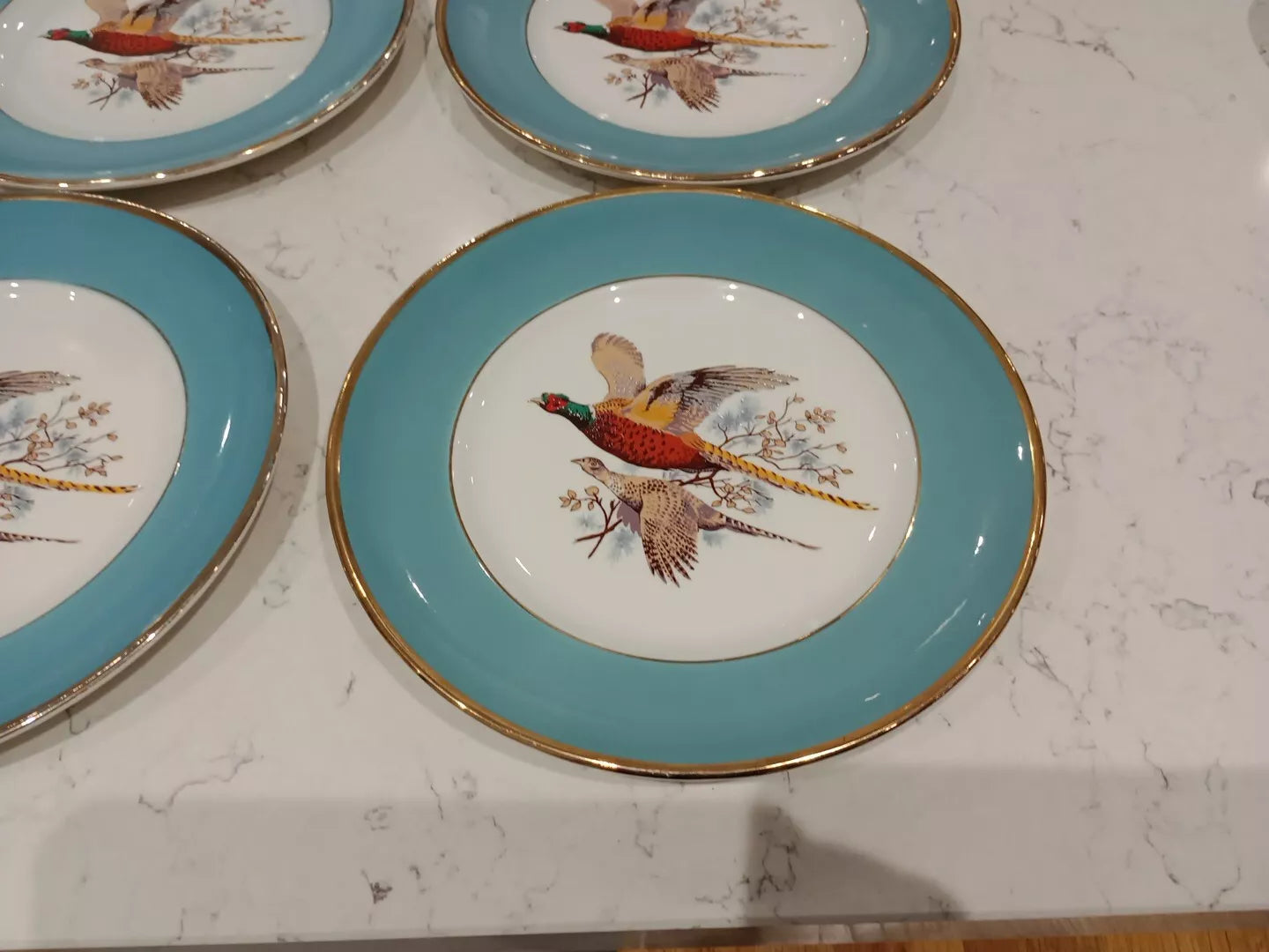 Sheriden Flying Pheasants Blue Teal Edged 8.5" Salad Plates Rare x 4
