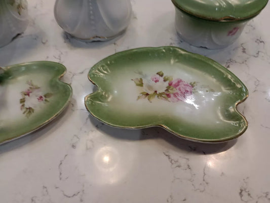 Antique Art Nouveau Trinket Set, Green, 1920s Five Pieces