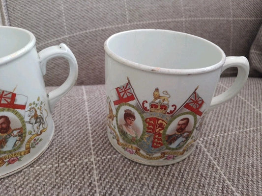 Antique 1911 George V & Mary English Coronation Pair of Mugs Cups Bridgwood Widnes