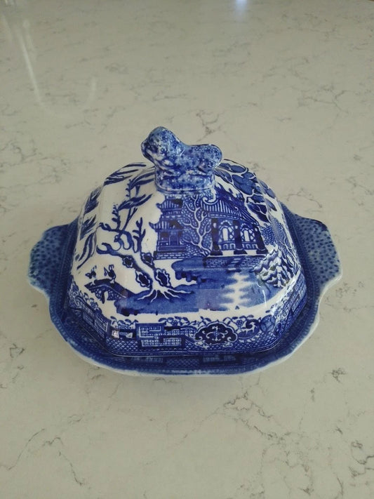 Antique Blue Willow Wedgwood & Co England Pagoda Lidded Dish Butter? Rare