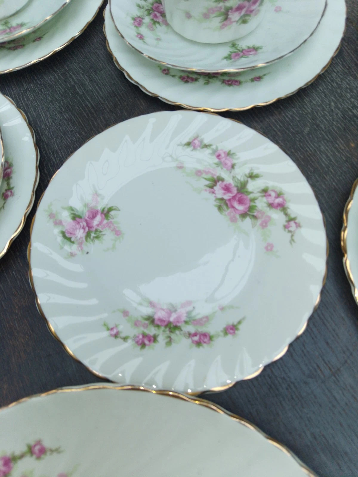 Antique Teaset Pink Roses White For 6 Very Pretty Vintage
