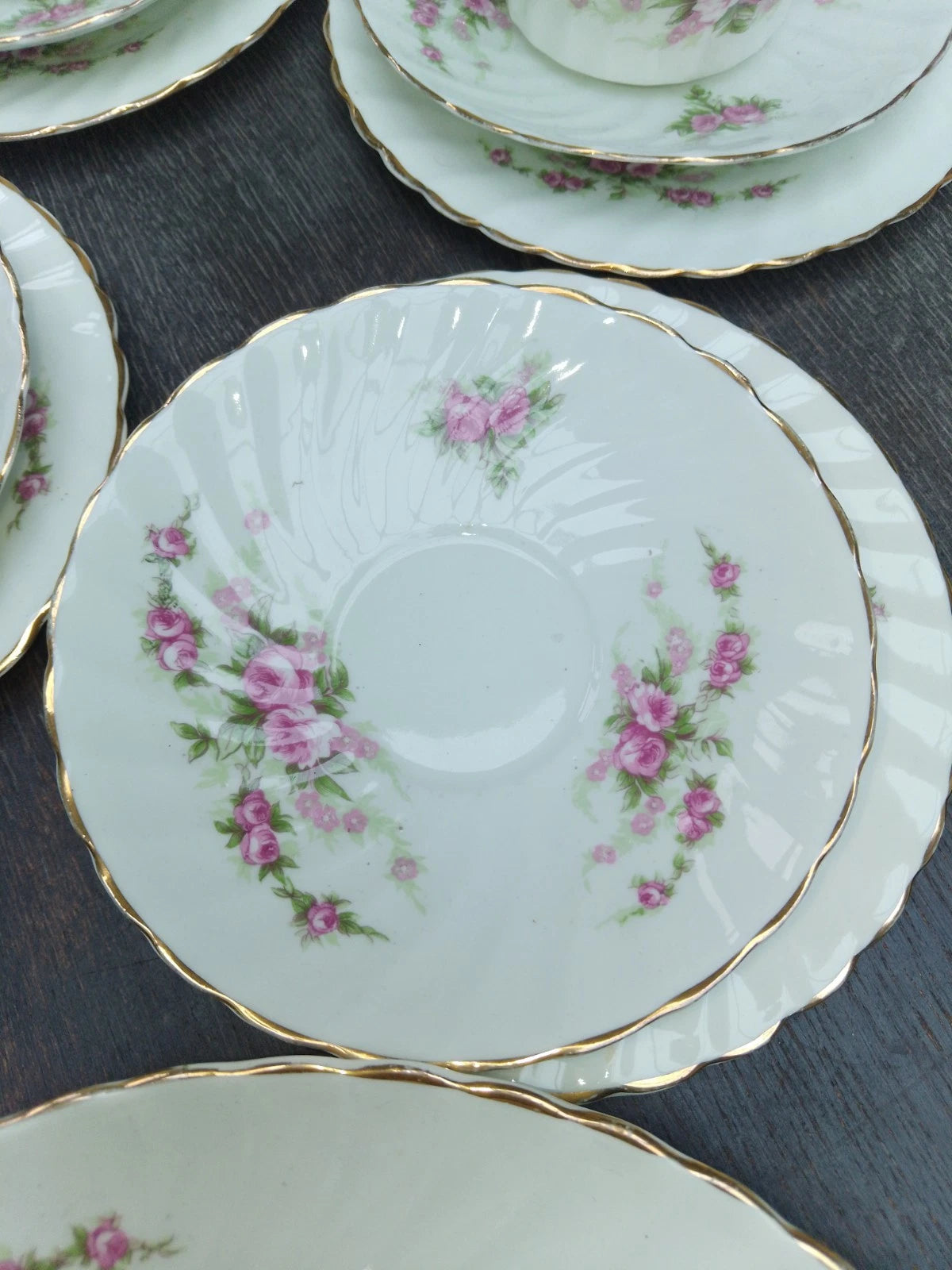 Antique Teaset Pink Roses White For 6 Very Pretty Vintage