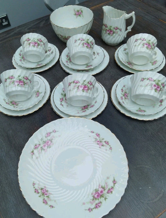 Antique Teaset Pink Roses White For 6 Very Pretty Vintage